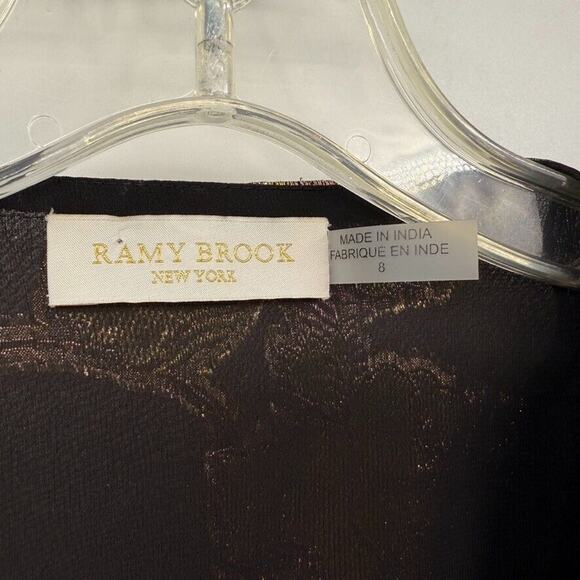 Ramy Brook Womens 8 Metallic Floral Print Long Sleeve V Neck Wrap Top Black Gold - Picture 5 of 10